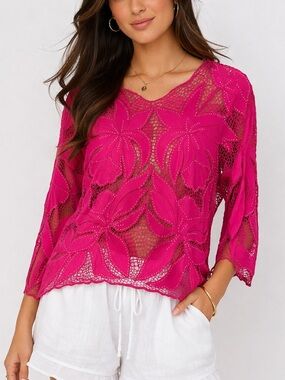 Surya Pink Beaded Sheer Floral Lace Top Boho Y2K Blouse Size L